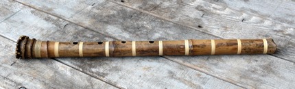 Madake root end bamboo shakuhachi flute by Jem Klein with rattan bindings. Lacquered, cast jiari interior.